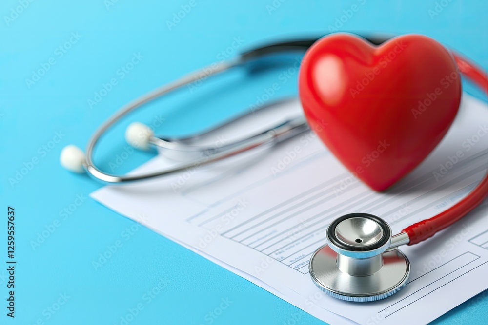 A red heart and stethoscope are placed on a medical form, symbolizing health care and wellness. A red heart and stethoscope are placed on a medical form, symbolizing health care and wellness.
