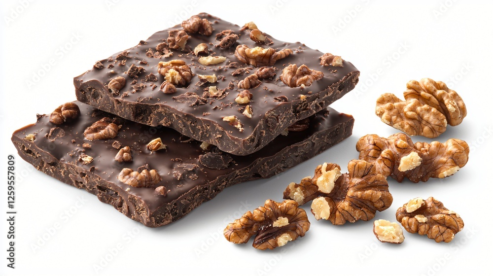 Dark chocolate walnuts, delicious dessert, food photography, white background, snack Dark chocolate walnuts, delicious dessert, food photography, white background, snack