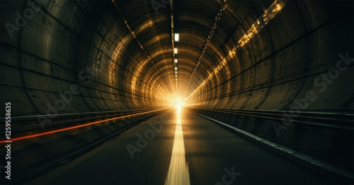 A dimly lit tunnel stretches into the distance, illuminated by flickering golden lights. The glowing exit at the far end contrasts with the dark, enclosed passageway