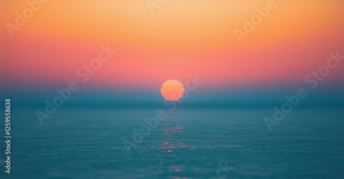 Faint light flickers over calm ocean horizon, casting soft glow in fading sky. Subtle gradient blends warm pinks and blues, creating serene yet unsettling atmosphere photo