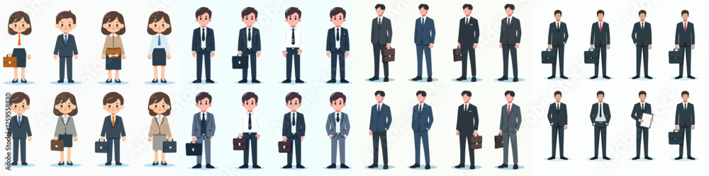 Vector set of a person businessperson standing full body with a simple and minimalist flat design style, plain white background. Vector set of a person businessperson standing full body with a simple and minimalist flat design style, plain white background.