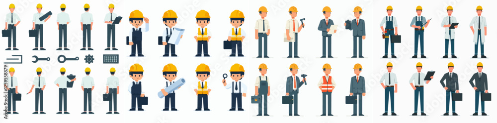 A full-body vector illustration of an engineer, depicted in a straightforward and minimalist flat design style, set against a plain white backdrop. A full-body vector illustration of an engineer, depicted in a straightforward and minimalist flat design style, set against a plain white backdrop.