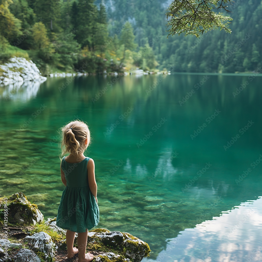Fototapeta premium A serene scene of a young girl standing by a tranquil lake surrounded by lush greenery, reflecting a peaceful connection with nature and childhood wonder.
