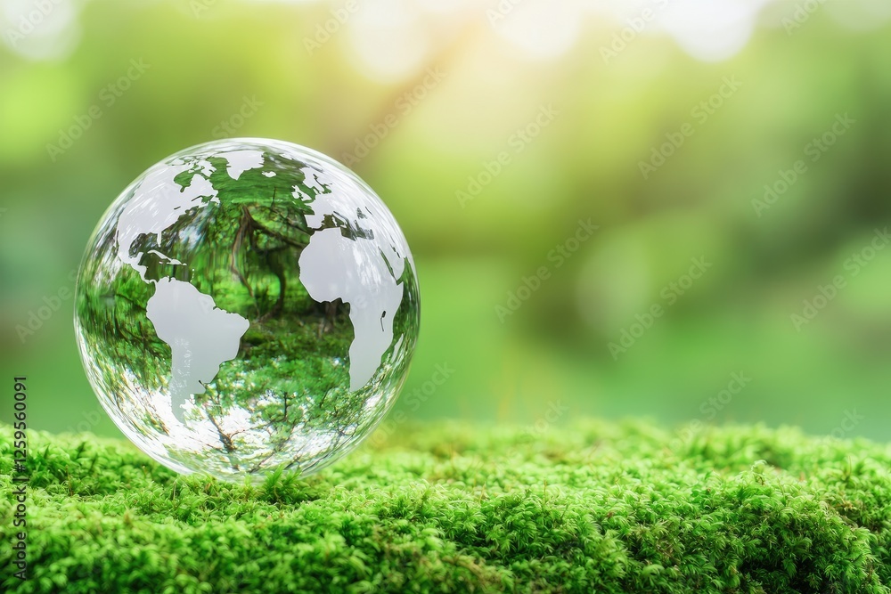 A glass globe with a map design sits on lush green moss, symbolizing nature and environmental awareness in a serene outdoor setting. A glass globe with a map design sits on lush green moss, symbolizing nature and environmental awareness in a serene outdoor setting.