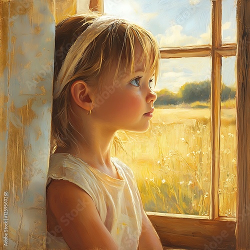 A serene portrait of a young girl gazing out of a window, with golden fields in the background, capturing a moment of curiosity and wonder in a peaceful setting. photo