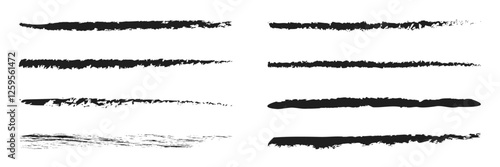 Charcoal pencil straight horizontal lines. Scribble black strokes vector set. Charcoal texture lines isolated on white background. Grunge smears, thin and thick chalk strokes, pencil dividers.