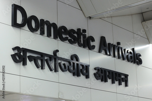Domestic Arrivals sign in English and Hindi at New Delhi Airport in India.