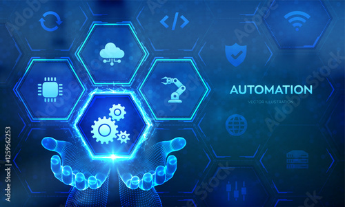 Automation Software icon in wireframe hands. IOT and Automation concept as an innovation, improving productivity in technology and business processes. Industrial smart technology. Vector illustration.
