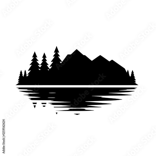 Mountain Lake Silhouette: A minimalist black and white illustration of a serene mountain lake scene, with evergreen trees and majestic mountains reflected in the still water.