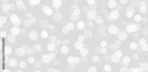White bokeh, blurred grey background with sparkling lights, blurry glitter effect. Bright soft abstract background. Vector illustration.