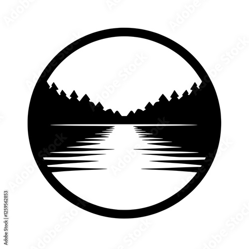 Serene Lake in Circle: A minimalist black and white illustration of a calm lake nestled between tranquil forests, enclosed in a circular frame, evoking a sense of peace and serenity. 