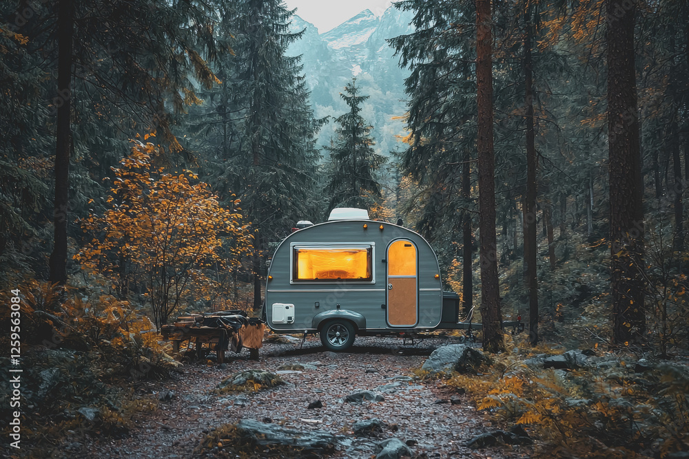 Camper in the woods with a warm fire glowing through the window at dusk surrounded by trees Camper in the woods with a warm fire glowing through the window at dusk surrounded by trees
