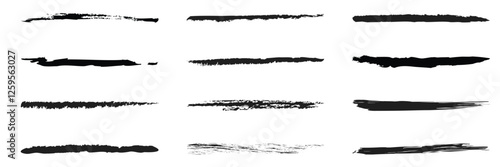 Charcoal pencil straight horizontal lines. Scribble black strokes vector set. Charcoal texture lines isolated on white background. Grunge smears, thin and thick chalk strokes, pencil dividers.