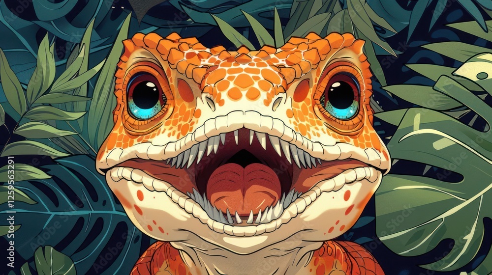 A vibrant, cartoonish lizard with bright colors and exaggerated features amidst tropical foliage. A vibrant, cartoonish lizard with bright colors and exaggerated features amidst tropical foliage.