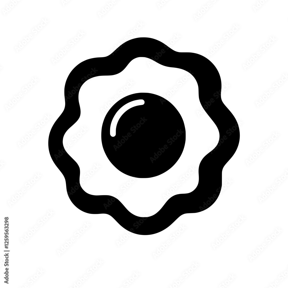 Fried Egg Icon: A simple yet evocative icon of a perfectly fried egg, featuring a sunny-side up style with a defined yolk and wavy edges.  The design is bold and minimalist, ideal for menus.