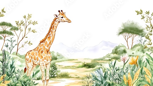 Watercolor painting of a giraffe standing in an african landscape