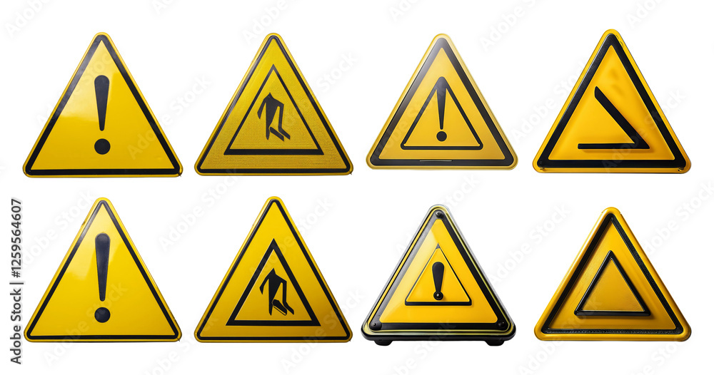 Collection of Warning Signs with Yellow Triangles and Symbols, isolated on transparent background Collection of Warning Signs with Yellow Triangles and Symbols, isolated on transparent background