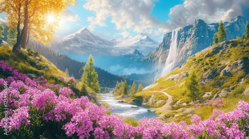 Mountain valley river waterfall flowers