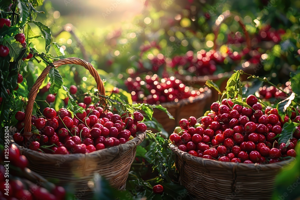 coffee hand picking organic harvest. Baskets filled with ripe red cherries in a sunlit orchard. coffee hand picking organic harvest. Baskets filled with ripe red cherries in a sunlit orchard.