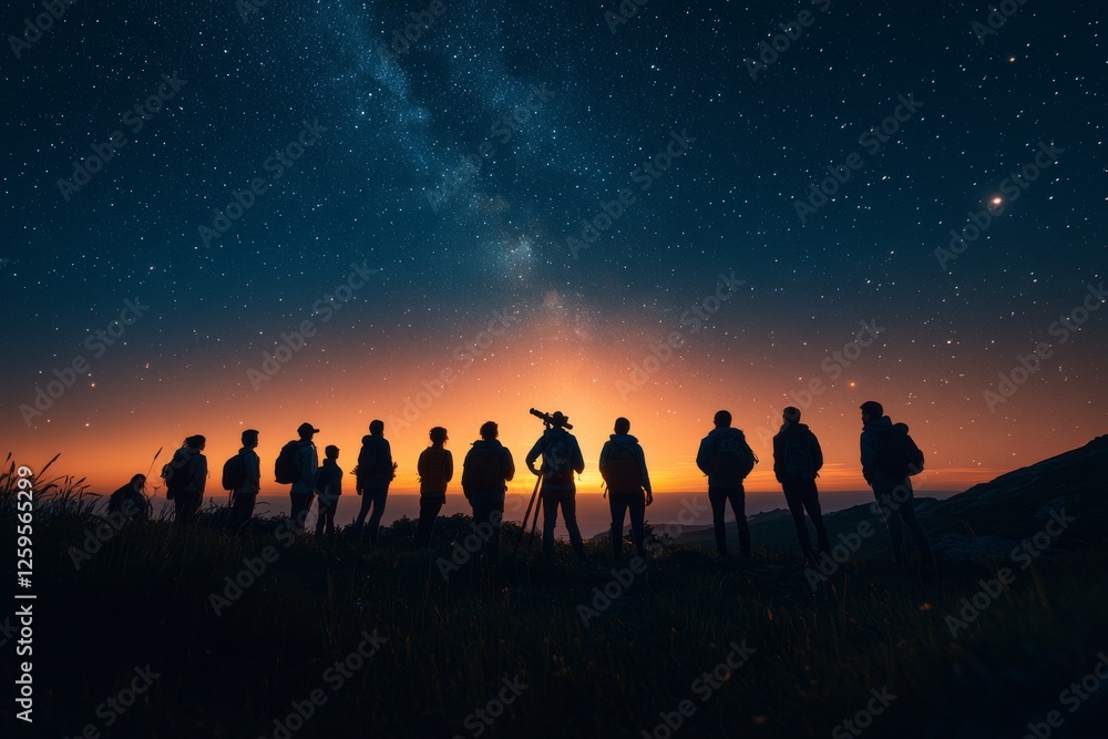 Fototapeta premium Stargazing Group Silhouette at Sunset Milky Way Night Sky