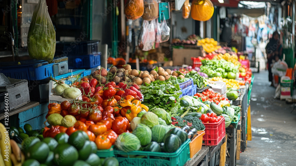 Obraz premium Bustling outdoor market with colorful fresh vegetables and fruits displayed on wooden and plastic crates.