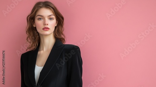 Elegant English woman in black velvet twopiece suit raw style photo