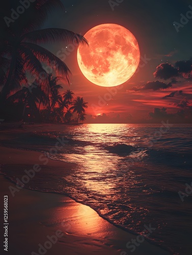 Tropical beach scene with palm trees under a dramatic red full moon and sunset glow