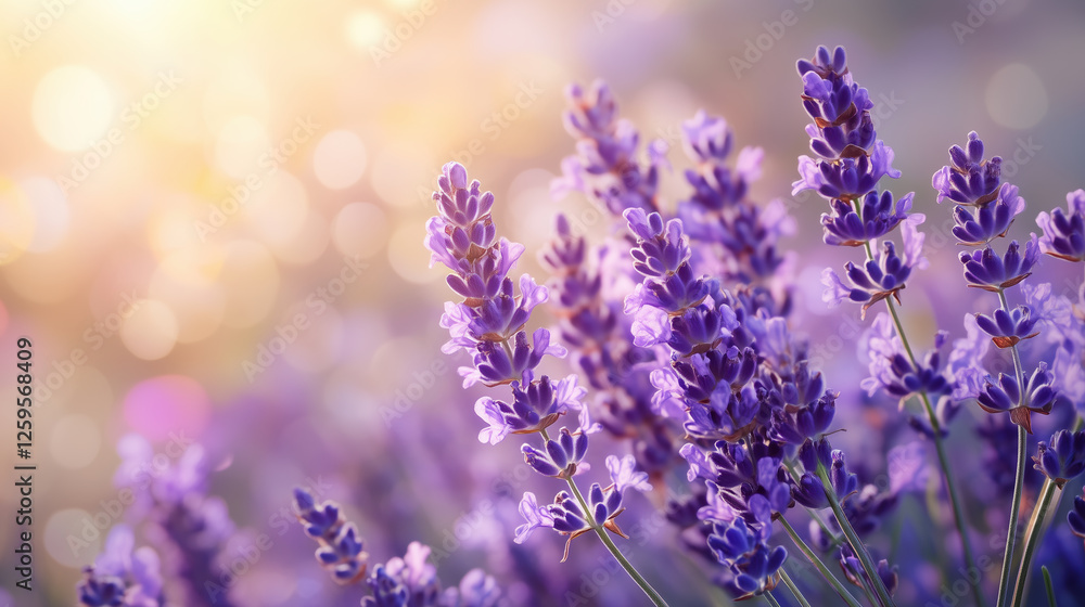 Naklejka premium Lavender flowers in soft sunlight create serene and calming atmosphere. vibrant purple blooms stand out against dreamy, blurred background, evoking feelings of tranquility and relaxation