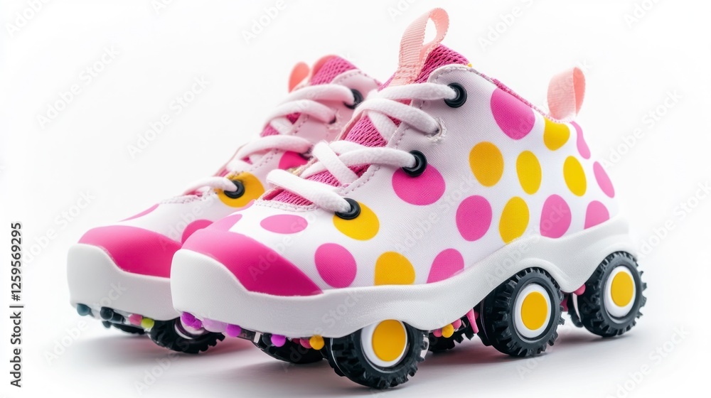 White background, pink and yellow polka dot children's athletic shoes with wheels on the back of each shoe White background, pink and yellow polka dot children's athletic shoes with wheels on the back of each shoe