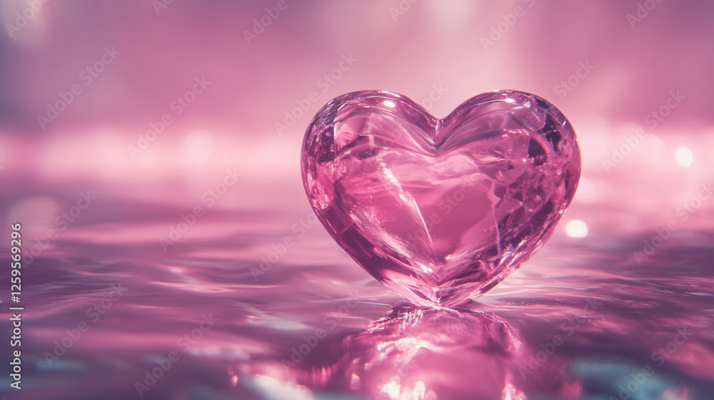 Fototapeta premium Transparent pink crystal heart on a reflective liquid surface with dreamy bokeh lights, romantic and elegant concept