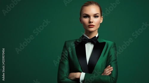 Elegant Caucasian woman in green twopiece tuxedo suit on plain background photo