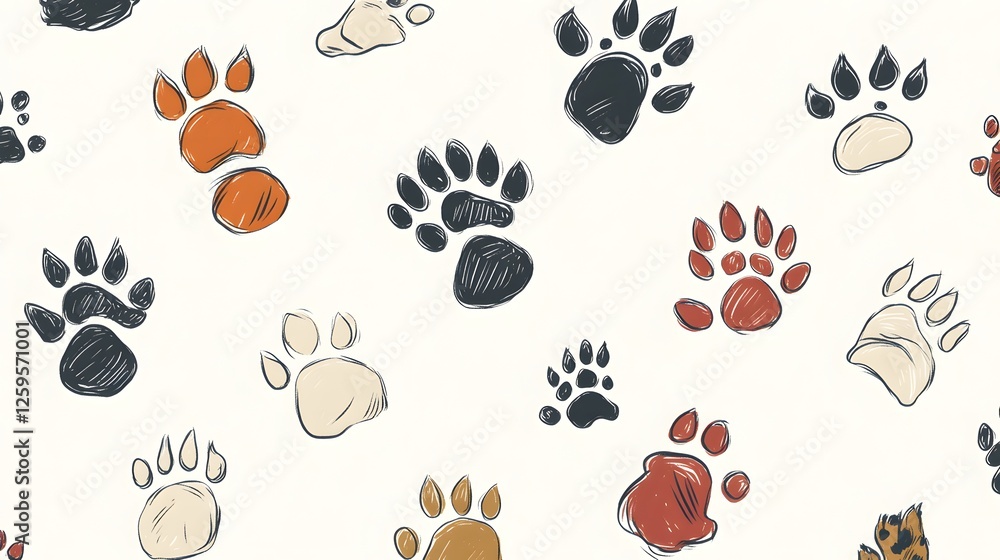 Pattern showing various animal paw prints in a scattered design Pattern showing various animal paw prints in a scattered design