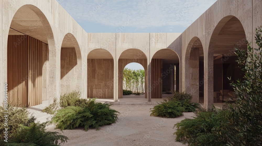 Fototapeta premium Symmetrical Interplay: Bold Concrete Arches Embracing Native Shrubs in Cinematic Eco-Brutalism Design