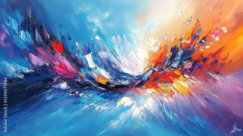 Fototapeta premium Vibrant abstract artwork featuring a dynamic interplay of blues, oranges, and reds. Thick paint strokes create a sense of movement and energy.