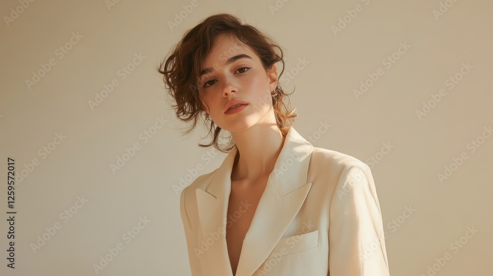 White girl in matching 3piece suit in front of backdrop