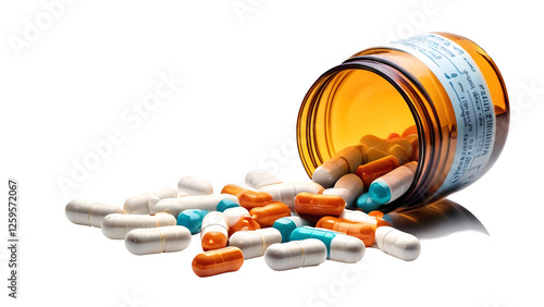 Spilled Pills from Amber Bottle on Black Background