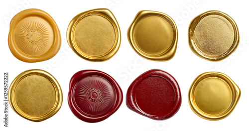 Vintage Sealing Wax Stamps in Various Shapes and Colors on White Background, isolated on transparent background