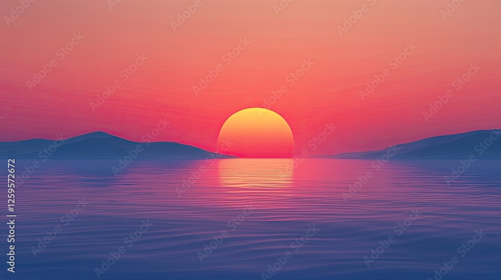 Serene sunset over calm waters, painting the sky in vibrant hues of pink and orange. The sun dips below the horizon, casting a warm glow on the tranquil scene. Serene sunset over calm waters, painting the sky in vibrant hues of pink and orange. The sun dips below the horizon, casting a warm glow on the tranquil scene.