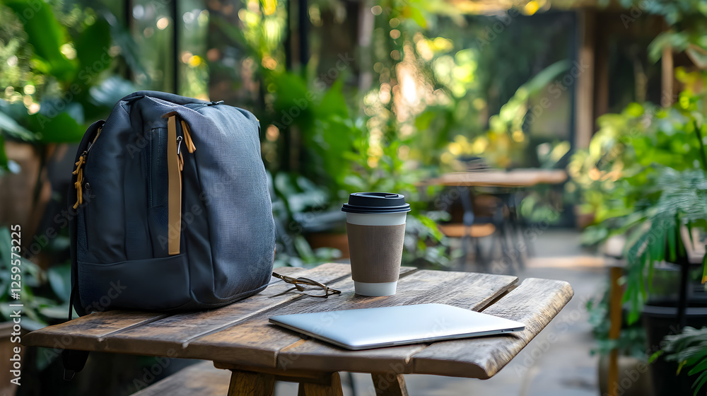 backpack, laptop, and coffee cup placed on a wooden table in an outdoor coworking space backpack, laptop, and coffee cup placed on a wooden table in an outdoor coworking space