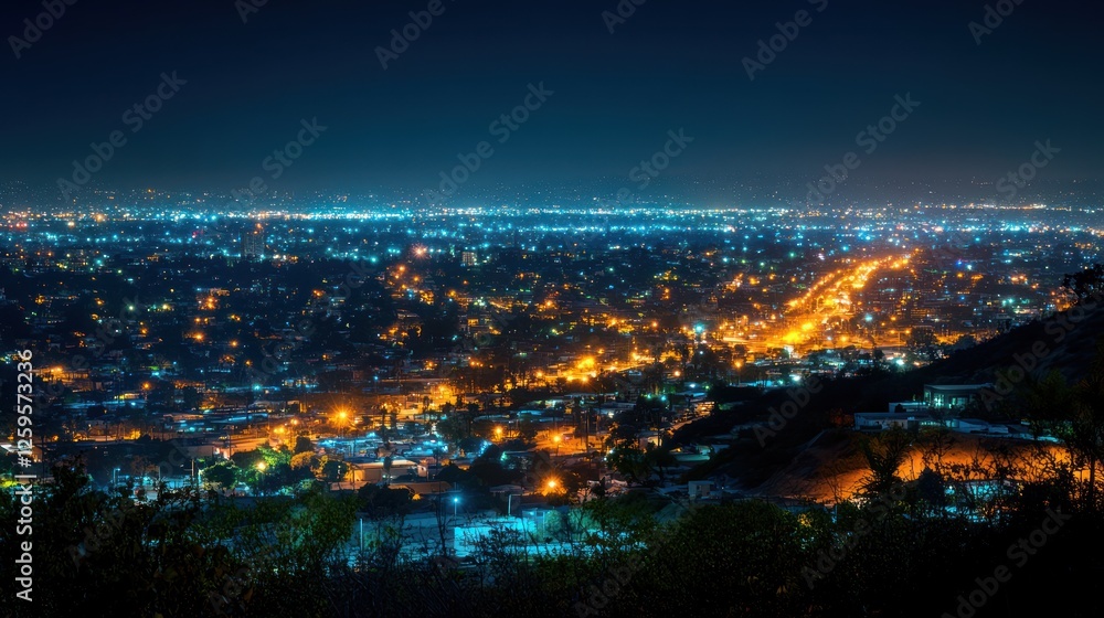 Naklejka premium Night city panorama, hilltop view, lights blurred, urban sprawl, travel