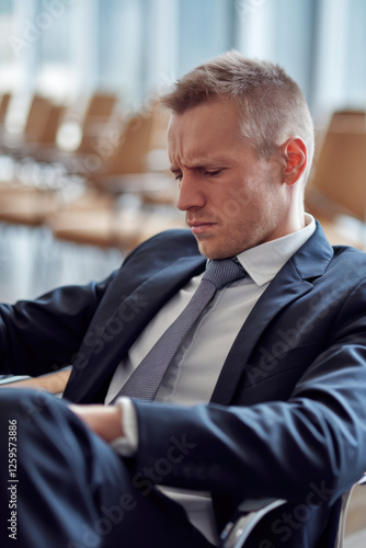 A businessman figure sagging on a seat, reflecting a loss of motivation or drive photo