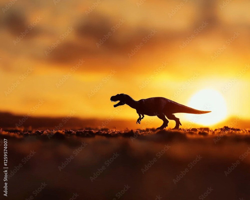 T-rex shadow stretching across an open plain under a golden sky T-rex shadow stretching across an open plain under a golden sky