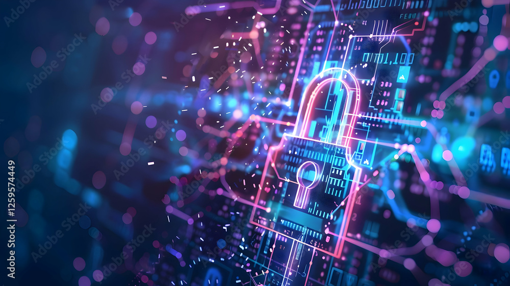 Futuristic digital lock symbolizing cybersecurity on a vibrant tech background Futuristic digital lock symbolizing cybersecurity on a vibrant tech background