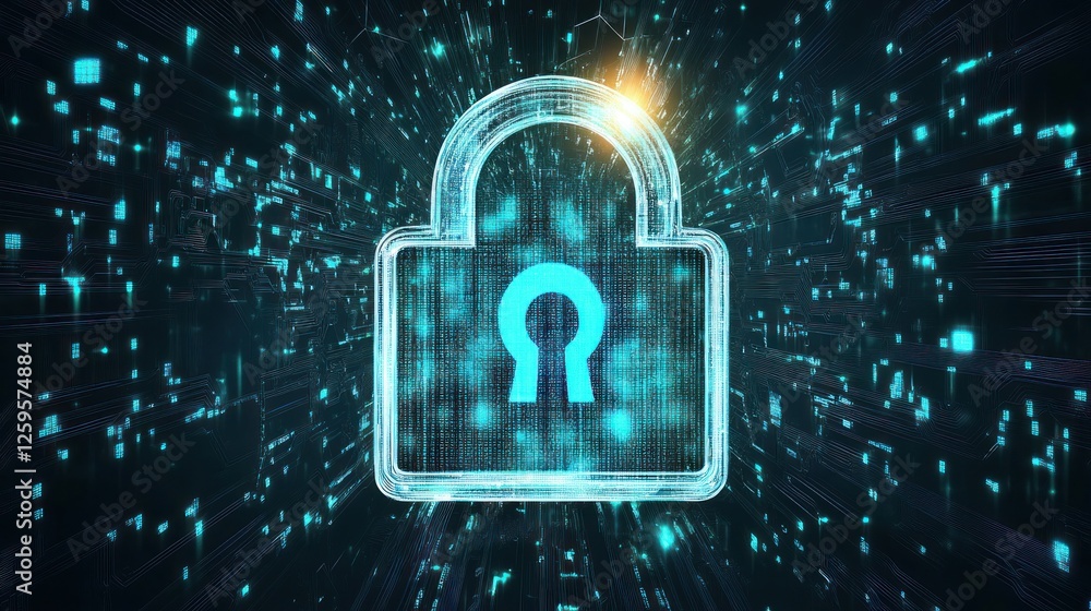 Cybersecurity and data protection with glowing digital padlock graphic Cybersecurity and data protection with glowing digital padlock graphic