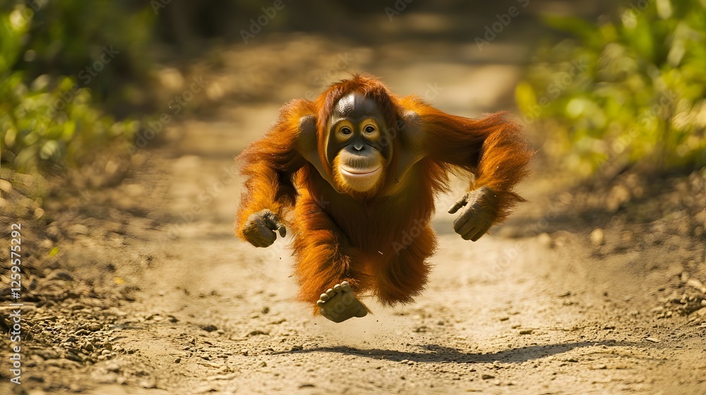 Obraz premium Orangutan with a white spot on its face running down a dirt road