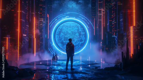 A figure stands before a glowing portal in a futuristic cityscape at night