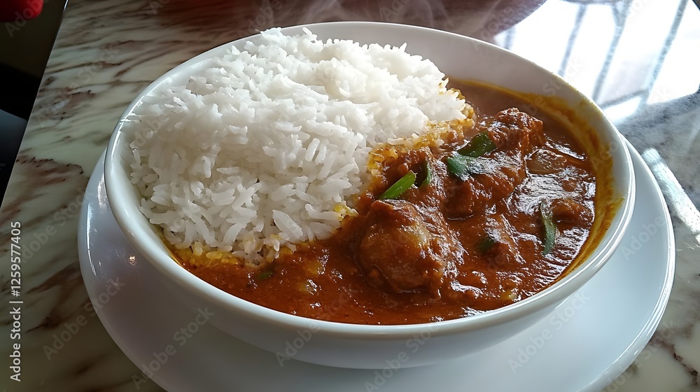 Delicious bowl of steaming curry served with fluffy white rice in a cozy restaurant setting Delicious bowl of steaming curry served with fluffy white rice in a cozy restaurant setting