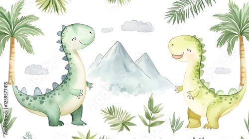 Fototapeta Naklejka Na Ścianę i Meble -  Two cute watercolor dinosaurs stand in a prehistoric landscape