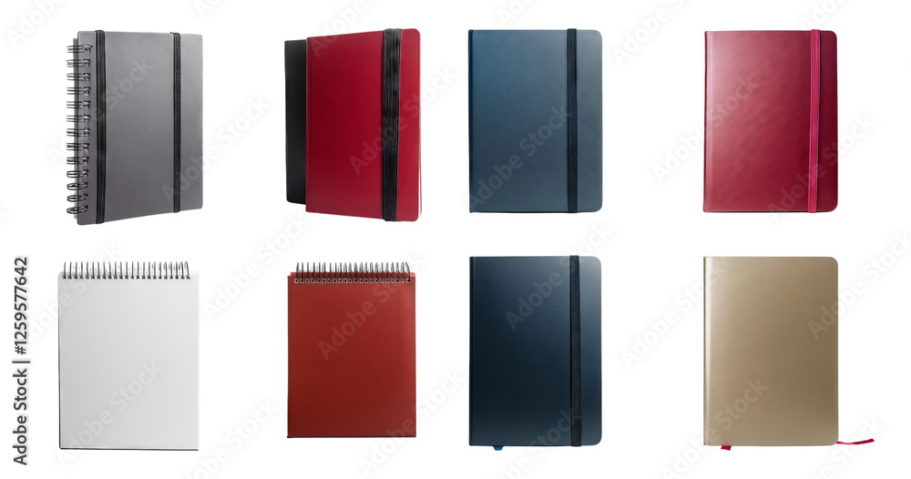 Variety of Notebooks in Different Colors and Styles for Personal Use, isolated on transparent background Variety of Notebooks in Different Colors and Styles for Personal Use, isolated on transparent background