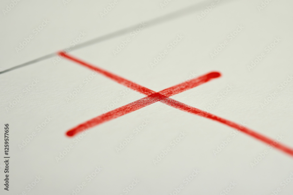 Fototapeta premium A sheet with one line crossed out in red among standard text, exemplifying the courage to break routine